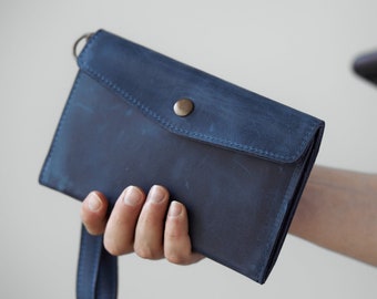 Portefeuille en cuir pour homme, grand sac pour homme pour téléphone avec poignée bleue, pochette de voyage en cuir, cadeau de Noël pour mari/patron