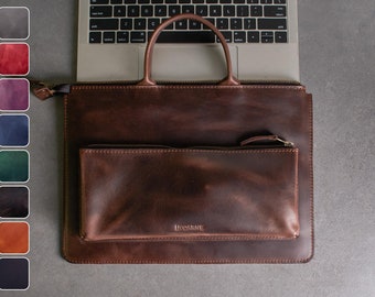 Personalized Leather Laptop Bag / Case / Briefcase, Macbook Air 13 Case, Leather Laptop Sleeve, MacBook Pro 14 inch Bag, Lenovo