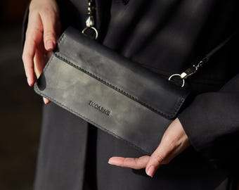 Black Leather Phone Crossbody Bag: Slim Shoulder Purse with Flap, Everyday Purse