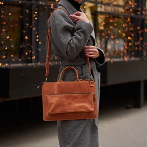 Leather Laptop Bag with Handles. Handmade Slim Briefcase for MacBook Air 13&quot; & Pro 16&quot;. Felt Lined Laptop Sleeve. Personalized Gift for Her