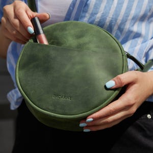 Green Women’s Leather Circle Bag: Small Handmade Crossbody Purse