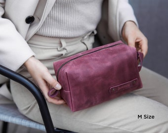 Burgundy Toiletry Bag Leather Women Gift, Handle Dopp Kit with Initials Name Logo, Make Up Pouch Organizer Bulk Orders Wholesale