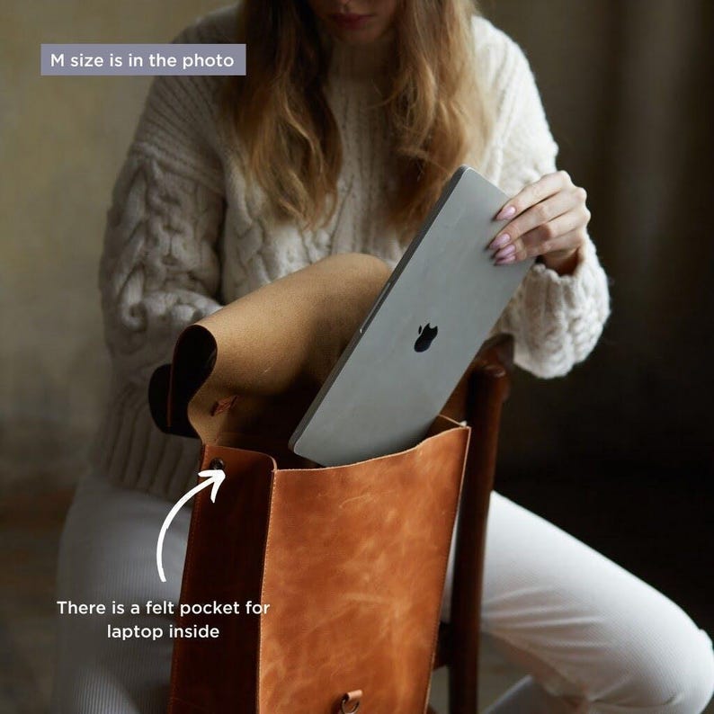 Mochila de cuero marrón para mujer, mochila para portátil, hecha a mano y personalizada, ideal para la escuela, la universidad o la ciudad. imagen 5