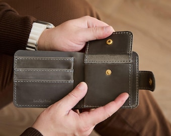 Men’s Leather Wallet with Coin Pocket, Compact Bifold with Snap Button