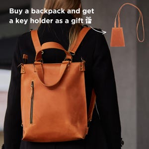 Leather convertible backpack for Women | City laptop purse with shoulder strap | Mother&#39;s Day Gift for Her | Leather keychain as a Gift