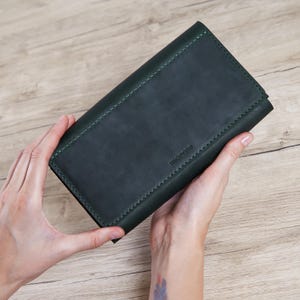 Cartera larga plegable personalizada para ella / Cartera larga de cuero verde para mamá / Cartera de cuero con cremallera y tarjetero / Regalos de aniversario