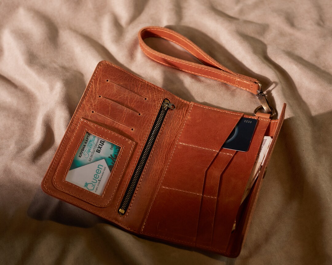 Leather Business Wallet Purse Wristlet for Men, Blue Handle Large Phone