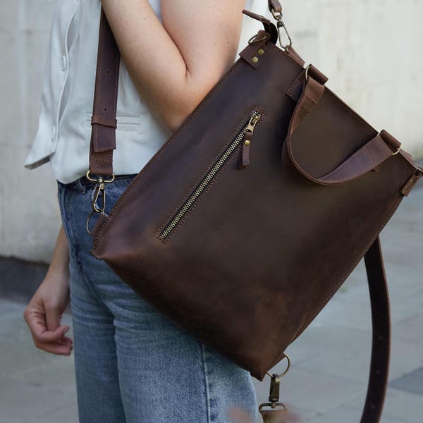 Women's Leather Convertible Backpack Purse: Minimalist City backpack 2in1, Laptop 13-16 inch Satchel