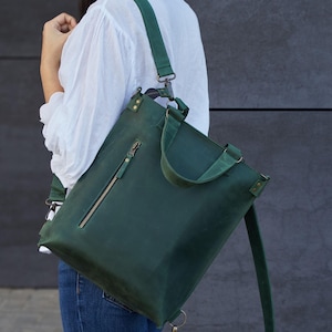 Leather Green Convertible Backpack Purse for Women | Laptop Tote Bag | Minimalist 2-in-1 City Backpack | School Bag | Back to School Gift