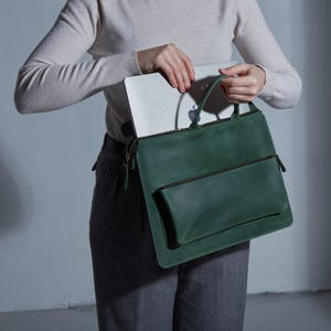 Groene leren laptopwerktas: aktetas voor 13-16 inch laptops, kantoortas