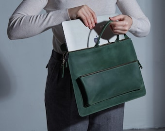 Green Leather Laptop Work Bag: Briefcase for 13–16 Inch Laptops, Office Purse