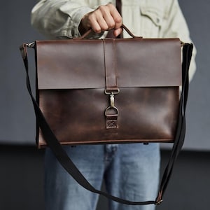 Full Grain Leather Laptop Messenger Bag: Minimalist Unisex Briefcase