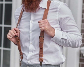 Leather Suspenders Men Wedding, Brown Personalized Monogrammed Suspenders Minimalistic, Fiance Bridegroom Groomsmen Braces Suspenders