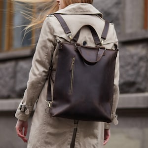 Convertible Leather backpack purse | Laptop Backpack for Women | Shoulder Tote Bag | Custom Leather Minimalist City Backpack | Gift for Her