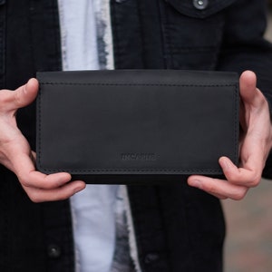 Bargeld Umschlag Brieftasche, Frauen Leder Brieftasche, Schwarz Minimalist Klassische Lange Brieftasche Herren, Personalisierte Gravur, Ideal für Reisen jeden Tag