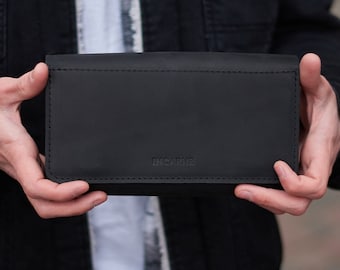 Cash Envelope Wallet, Women Leather Wallet, Black Minimalist Classic Long Wallet Men, Engraved Personalized, Great for Travel Every Day Use