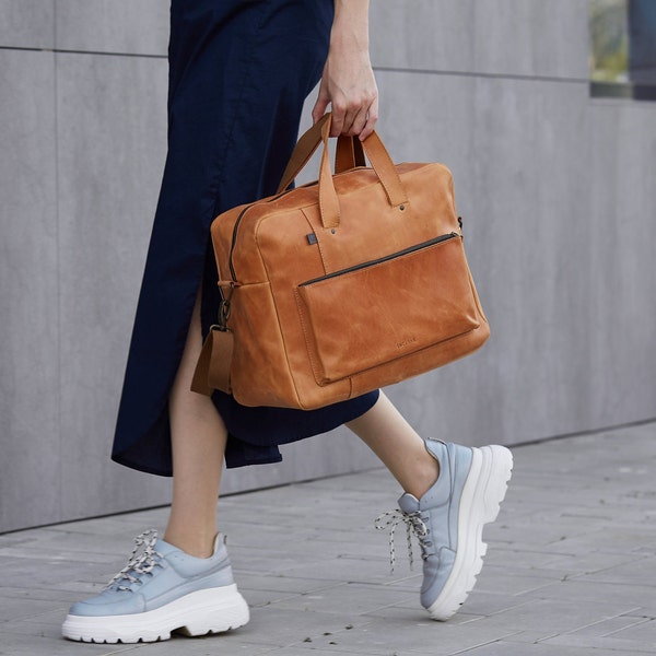 Small Duffle Bag Weekender Bag Women, Luxury School Cognac Genuine Leather, Travel Laptop Briefcase, Business Shoulder Crossbody HandBag