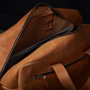 Small Duffle Bag Weekender Bag Women, Luxury School Cognac Genuine Leather, Travel Laptop Briefcase, Business Shoulder Crossbody HandBag image 9