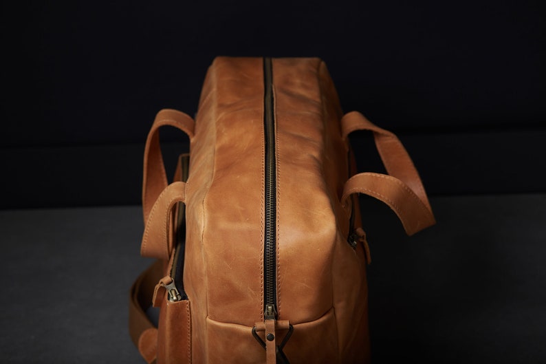 Small Duffle Bag Weekender Bag Women, Luxury School Cognac Genuine Leather, Travel Laptop Briefcase, Business Shoulder Crossbody HandBag image 8