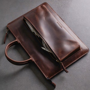 Leather personalized reMarkable 2 aesthetic briefcase bag, minimalist custom tablet Surface Go sleeve case image 8