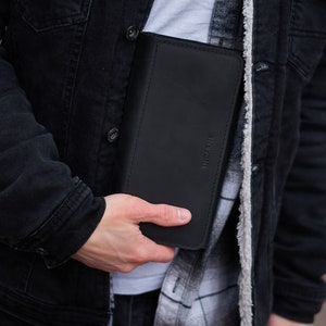Billetera con sobre para efectivo, billetera de cuero para mujer, billetera larga clásica minimalista negra para hombre, grabada personalizada, ideal para viajes y uso diario