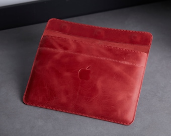 Red Leather laptop sleeve Pro 14 inch, MacBook 13 M2 Air Case 2022, Custom Laptop Genuine Leather Case, 15, 16, 17 inch Sleeve