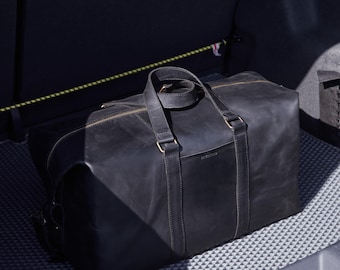 Black Leather Duffle Bag: Men's Travel Weekender with Strap, Personalized Luggage Bag