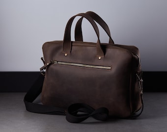 Leather Laptop Bag for Women, 15 Inch Computer Briefcase, Brown Shoulder Work Bag with Handles, Everyday