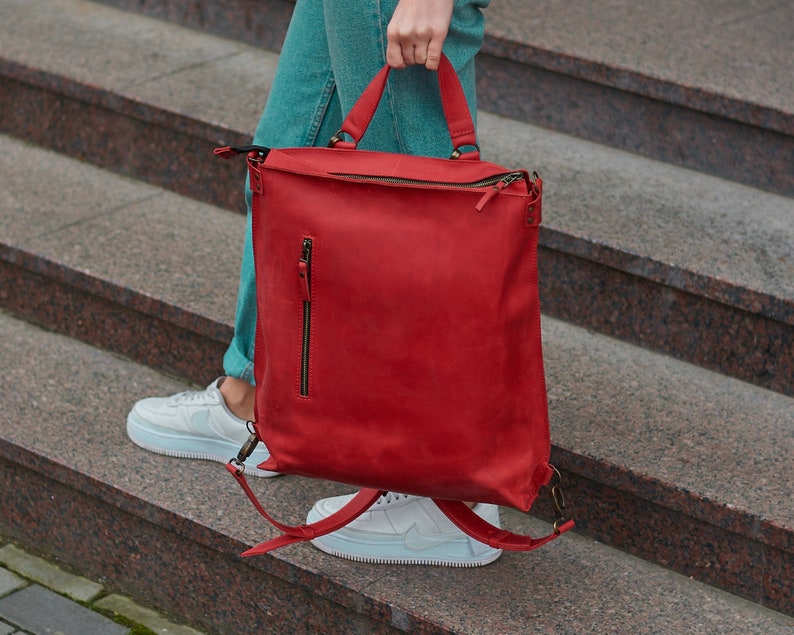 Red Leather Backpack Women Laptop Bag for Her Custom Big Etsy