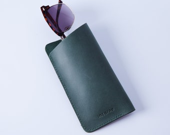 Personalized Green Leather Eyeglasses Case - Soft Real Leather, Gift for Dad, Leather men gift