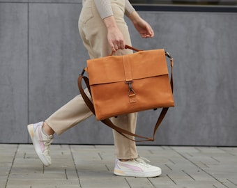 Messenger Bag, Convertible Backpack for Laptop, Leather Satchel Women, Minimalist Brown Briefcase Unisex, Business Office Workbag, Wife Gift