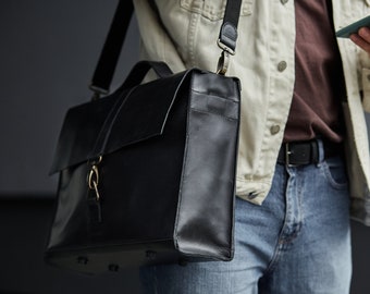 Convertible Backpack Suitcase Black Laptop Bag Minimalist Brown Briefcase Men, Leather Satchel, Business Men's Workbag, Office Messenger Bag