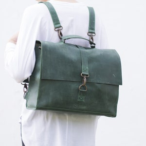 Deep Green Briefcase Backpack Rucksack Vintage Leather Personalised Backpack Messenger Green Leather Bag, Leather gift, Free personalization