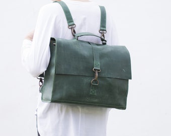 Deep Green Briefcase Backpack Rucksack Vintage Leather Personalised Backpack Messenger Green Leather Bag, Leather gift, Free personalization