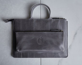 Laptop Bag Women, Gray Leather Macbook M2 Air 13 Handle Case With Logo & Front Pocket, Leather Handbag, Macbook m2 Pro 13 16 inch
