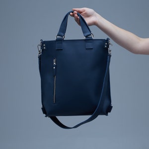 Blue leather convertible bag