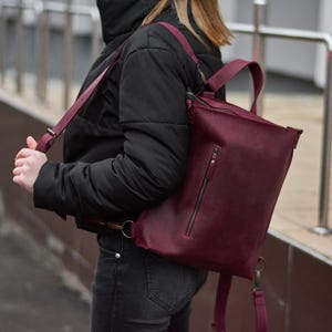 Convertible Leather Backpack Purse for Women | Burgundy Minimalist Bag | Gift for College | Real Leather Rucksack | Back to School Gift