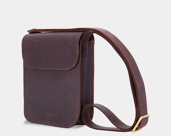 Small Leather Messenger Bag: Men's Crossbody, Front and Back Pockets, Adjustable Strap