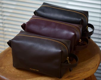 Leather Travel Toiletry Bag: Boxy Zipper Pouch, Carry Handle, Small Medium Large Sizes