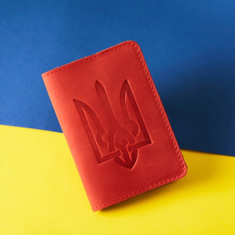 Leather Passport Holder With Ukrainian Tryzub, Trident Passport Cover, Ukrainian Diaspora gift idea, Ukraine sellers Ukraine sellers leather image 1