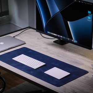 Leather custom desk mat with personalization. Blue leather desk pad with lining. Office accessories for colleague. Corporate Christmas Gifts