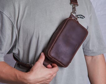 Minimalist Leather Crossbody Chest Bag | Top Grain Leather Utility Bag with Adjustable Strap | Leather Banana Bag | Bum Bag