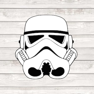 以下が含まれることがあります： ストームトルーパーのヘルメットの白黒イラスト。ヘルメットは丸みを帯びた上部、黒いバイザー、詳細な呼吸装置コンポーネントを備えています。このデザインは、スターウォーズフランチャイズの認識可能なシンボルです。