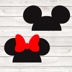 May include: Two black Mickey Mouse head silhouettes, one plain and one with a bright red bow. The design is set against a light gray wood grain background. The image is a simple, graphic representation of a popular cartoon character.