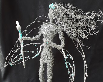 24 inch, Wire Fairy Sculpture, Warrior Princess, Turquoise Gemstone, Fantasywire, Fantasy Wire