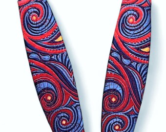 Bright blue and red silk barrette. Upcycled silk hair clip.
