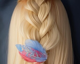 Unique feather alligator clip. Red and blue handmade hair clip.