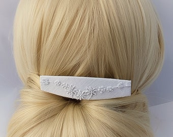 White embroidered hair clip. White barrette with white floral embroidery.  Accessory with subtle texture for winter or summer, or a wedding.
