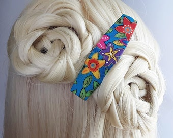 Colourful floral hair clip barrette. Bright handmade hair accessory for lover of bright colours or flowers. Great for work or weekends.