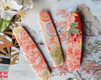 Japanese floral barrettes. Orange peach fabric hair clips.